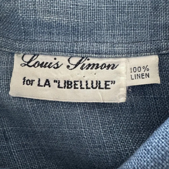 Vintage 80s Louis Simon for La Libellule Blue Linen Button Front Tunic Top - Picture 8 of 8